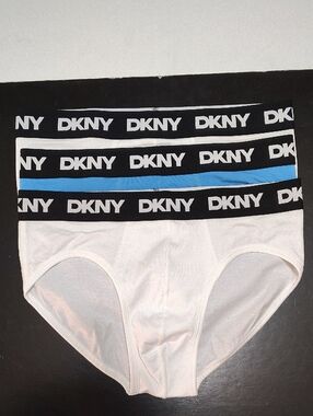 DKNY Men’s White/Blue Briefs with Black Logo Waistbands - 3 Pack - Size 32-34